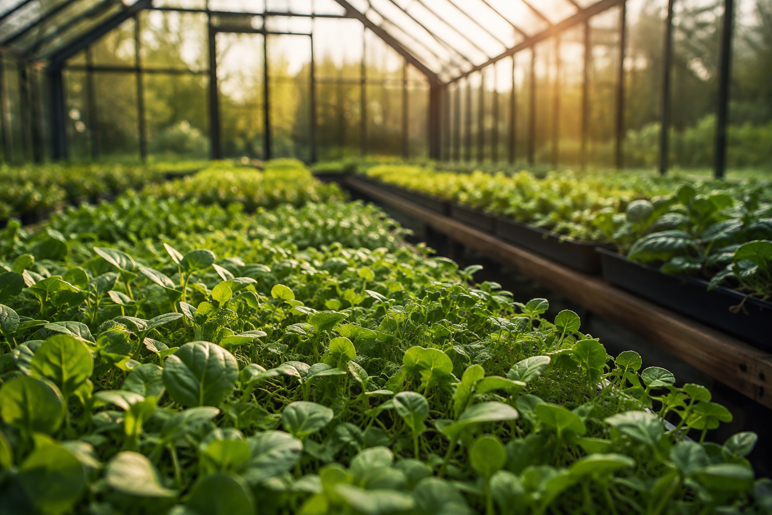 An illustrative vision of fresh greens growing in a sunlit greenhouse